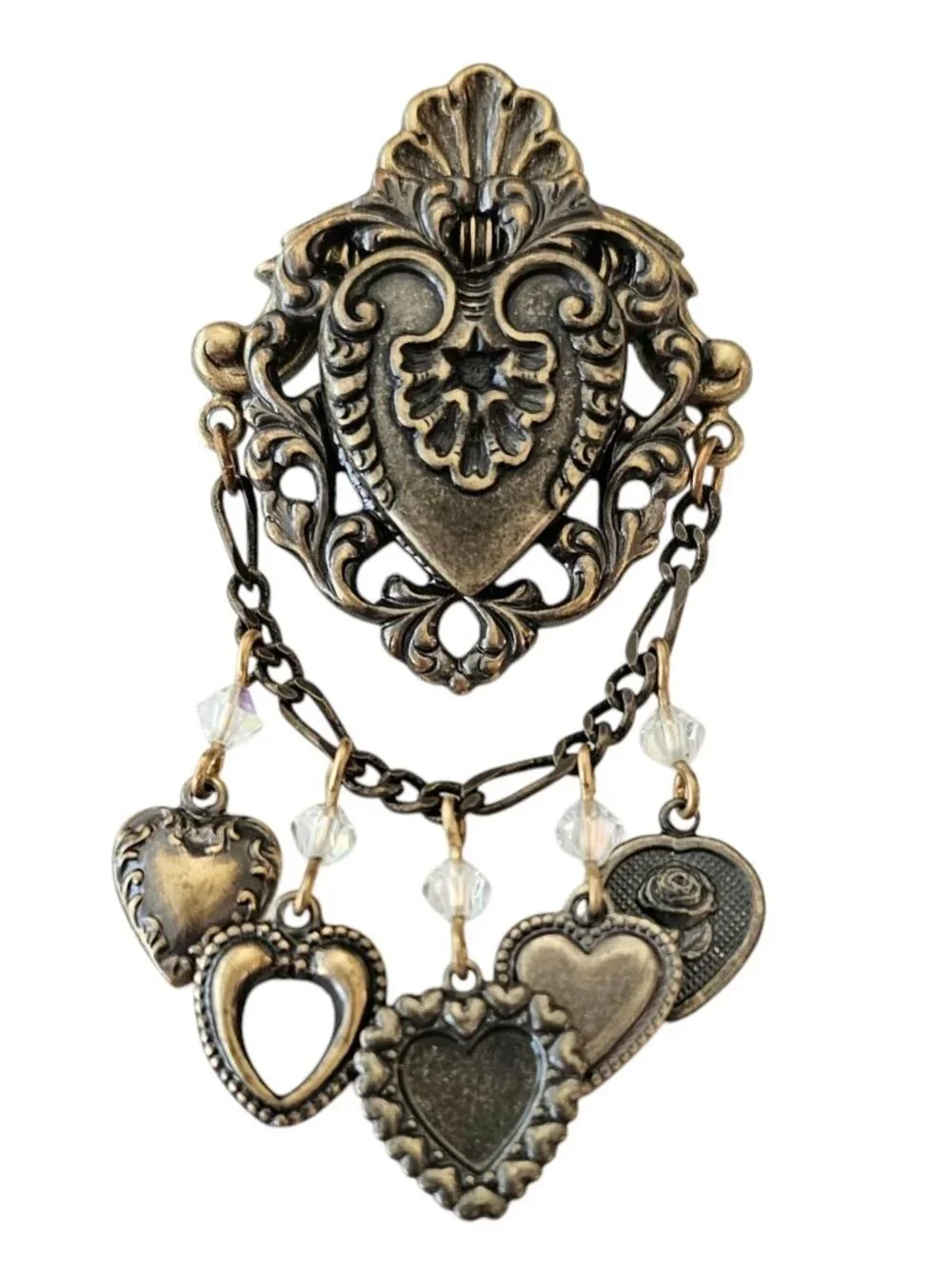 Heart Shield Pin Brass Chatelaine Style AB Rhinestone Dangle Lapel Tack, J24